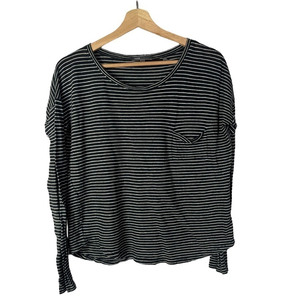 Vince Dark Gray Stripe Pocket Long Sleeve T-Shirt S